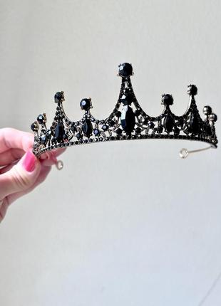 Диадема корона с камнями, черная корона на волосы, украшение на голову, черная тиара