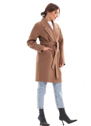 Пальто женское оверсайз кашемировое шерстяное средней длины демисезонное с поясом бренд, кэмел6 фото