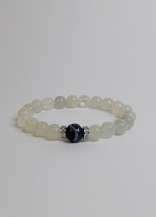 Браслет из натурального лунного камня, бусины синего агата и фурнитуры milano lux