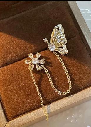 Сережка клипса кафф бабочка 🦋 цветок 🌺 с цепочкой1 фото