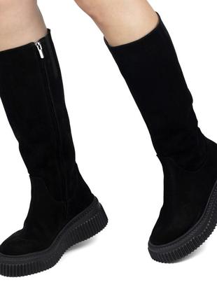 Стильні жіночі чоботи із натуральної замші woman's heel чорні на високій підошві