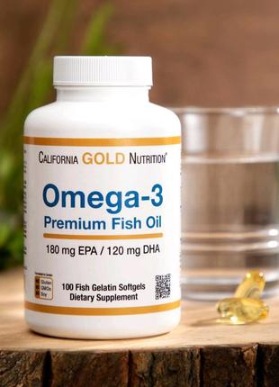 Омега-3, рыбий жир премиального качества, 180&nbsp;мг епк&nbsp;/ 120&nbsp;мг дгк, 100&nbsp;капсул из рыбьего желатина california gold nutrition