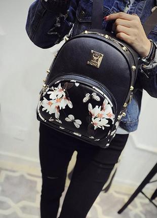 Женский мини рюкзак с цветами черный мини- рюкзачок