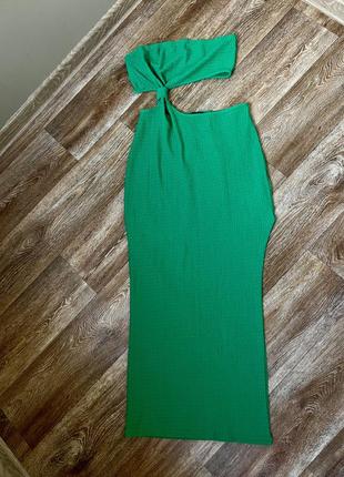 Зелёное платье миди shein с боковым вырезом юбка разрез топ бандо 💚5 фото