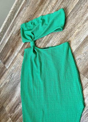 Зелёное платье миди shein с боковым вырезом юбка разрез топ бандо 💚4 фото