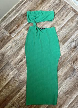 Зелёное платье миди shein с боковым вырезом юбка разрез топ бандо 💚2 фото
