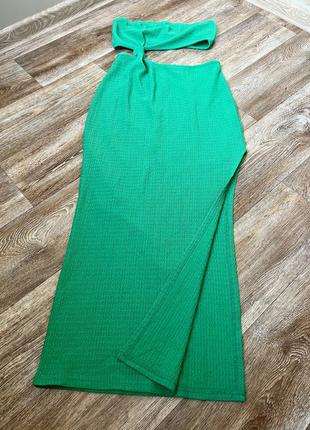 Зелёное платье миди shein с боковым вырезом юбка разрез топ бандо 💚7 фото