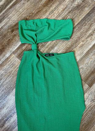 Зелёное платье миди shein с боковым вырезом юбка разрез топ бандо 💚6 фото