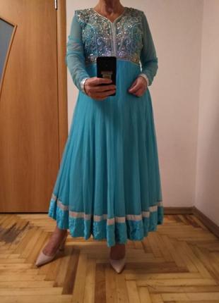 Шикарное платье бирюзового цвета, индийский наряд. размер 14
