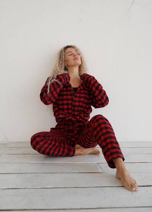 Піжама жіноча клітинка фланелева унісекс сорочка та штани , червоно чорна
