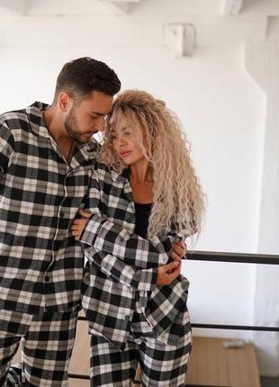 Піжама парна жіноча + мужская клітинка фланелева унісекс сорочка та штани , сіра чорна