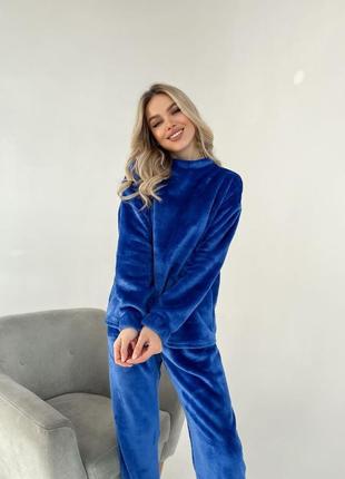 Велюровая пижама комплект для сна и дома кофта свободного кроя лонгслив свитшот брюки джоггеры костюм теплая бордовая розовая синяя голубая7 фото