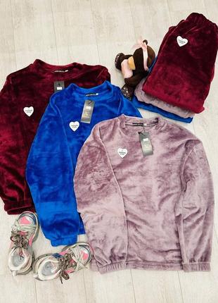 Велюровая пижама комплект для сна и дома кофта свободного кроя лонгслив свитшот брюки джоггеры костюм теплая бордовая розовая синяя голубая6 фото