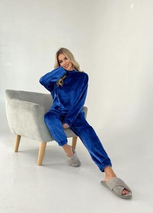 Велюровая пижама комплект для сна и дома кофта свободного кроя лонгслив свитшот брюки джоггеры костюм теплая бордовая розовая синяя голубая8 фото