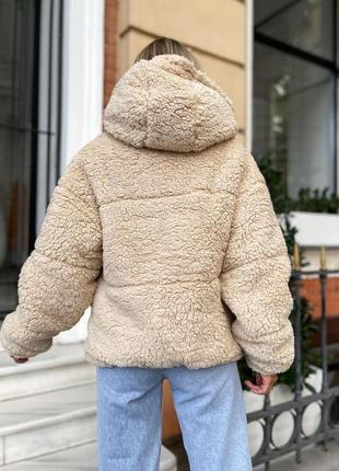 Хутряна куртка шубка зі штучного хутра тедді баранчик бежевий з капюшоном на блискавці 42-46, 48-525 фото