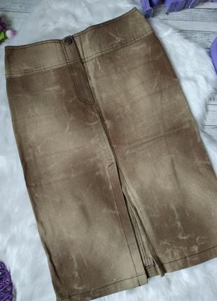 Юбка женская джинсовая коричневая с разрезом спереди2 фото