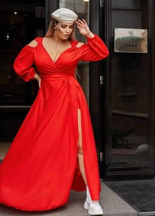 Красное шикарное длинное платье из креп-шелка с длинным рукавом батал 48-52, 54-58, 60-64, 66-70 размеры1 фото
