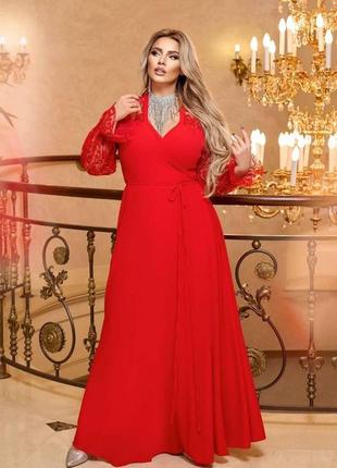 Красное обворожительное вечернее шелковое платье батал с 48 по 70 размер