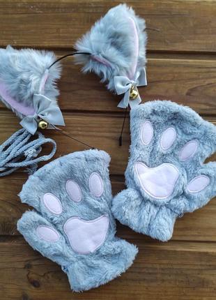 Перчатки кошачьи лапки, лапы кошки, митенки без пальцев