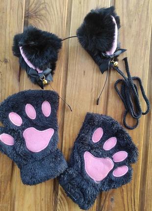 Набір перчатки котячі лапки та вушка, рукавички лапи киці, обруч вуха, рукавиці без пальців лапи котика4 фото