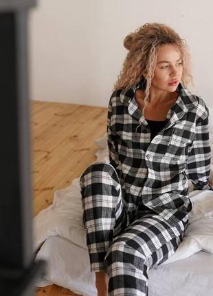 Піжама жіноча клітинка фланелева унісекс сорочка та штани , сіра чорна
