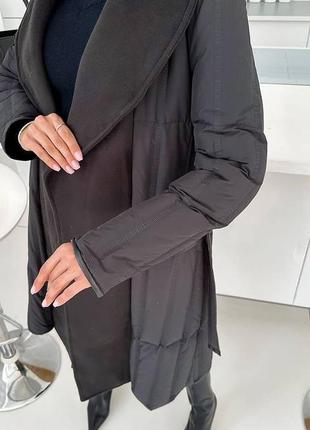 Пальто в стиле max mara длинное с поясом черное5 фото