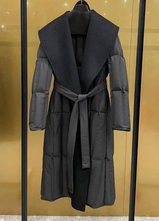 Пальто в стиле max mara длинное с поясом черное1 фото