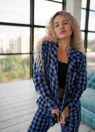 Піжама жіноча клітинка фланелева унісекс сорочка та штани , синя чорна