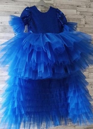 Синее праздничное платье со шлейфом для девочки на праздники