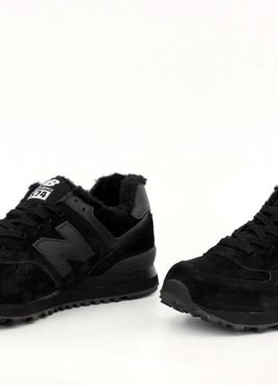 Зимові чоловічі шкіряні кросівки з хутром new balance 574 triple black winter(36-38,40-45)5 фото