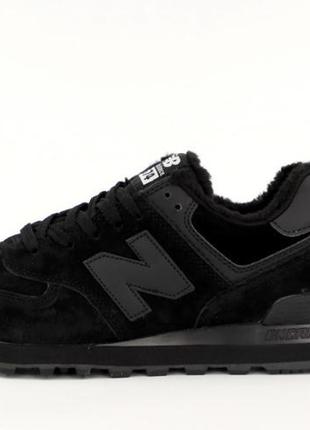 Зимові чоловічі шкіряні кросівки з хутром new balance 574 triple black winter(36-38,40-45)2 фото