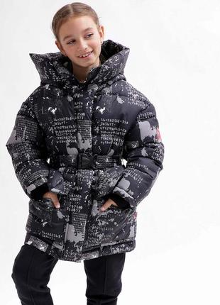 Теплая зимняя детская принтованая куртка, пуховик для девочки с капюшоном и поясом dt-8359-81