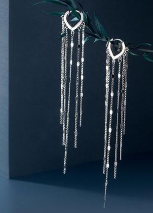 Серьги-кольца серебряные с цепочками, нарядные сережки с длиными цепочками, серебро 925 пробы5 фото