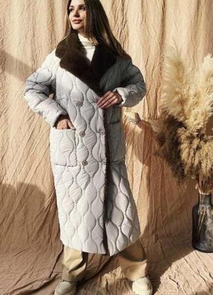 Alberto bini стеганое пальто с мехом норки светлое бежевое пальто зимнее9 фото