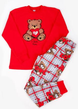 Теплая пижама с начесом family look, утепленная детская пижама на байке, байковая пижамка с мишками фемили лук