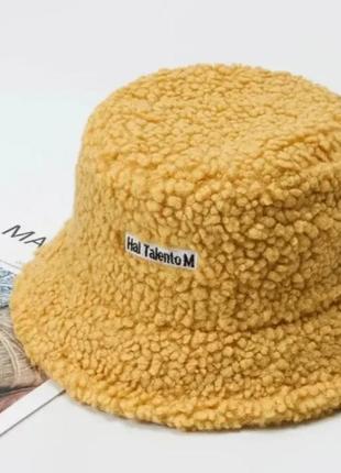 Хутряна зимова шапка панама тепла плюшева пухнаста (тедді, баранчик, каракуль) жовта