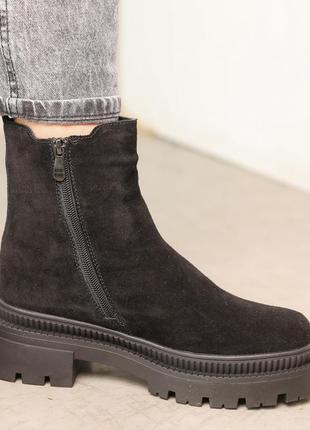 Трендові чорні зимові жіночі черевики челсі на товстій підошві,замшеві,натуральна замша,хутро зима8 фото