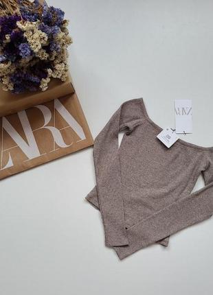 Кроп топ кофта коттон спущені плечі в бежевий рубчик zara xs s m 1131/8125 фото