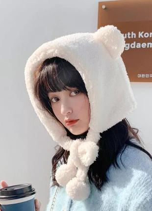 Шапка-ушанка панда с ушками (медведь, медведь, капюшон) с завязками белый, wuke one size