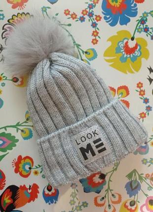 Зимняя шапка с натуральным помпоном на флисе девочке р.50-544 фото