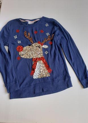 Кофта з оленем на дівчинку 9-11 років, реглан з довгим рукавом светр новорічний толстовка
