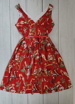 Пышное приталенное коттоновое красное платье с пояском xl  р