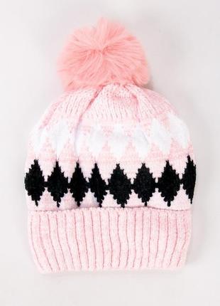 Зимова шапка на хутрі, рожева в'язана тепла шапка на дівчинку, тёплая зимняя шапка на меху для девочки1 фото