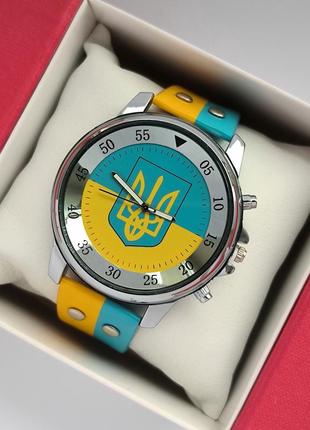 Кварцевые наручные часы с желто-голубым циферблатом и ремешком, с символикой украины