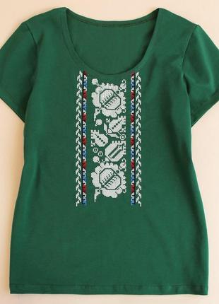 Женская трикотажная вышиванка вышитая футболка патриотическая зеленая для женщины подростковая