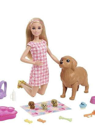 Кукла барби с собакой и новорожденными щенками barbie newborn pups playset with blonde doll3 фото