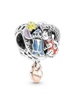 Серебряный шарм пандора 781682c01 дисней ohana лило и стич сердце с камнями камешками розовое золото серебро проба 925 новый с биркой pandora