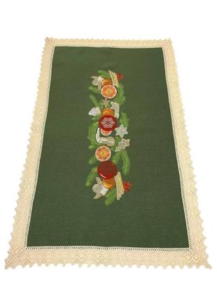 Серветка з вишивкою та мереживом "гостинець" зелена галерея льону, льняна