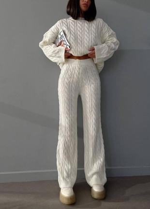 Теплый костюм объемной вязки оверсайз кофта свитер свободного кроя акриловый шерстяной брюки с высокой посадкой на резинке широкие свободного кроя модный3 фото