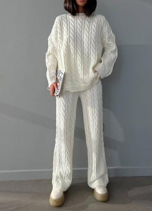 Теплый костюм объемной вязки оверсайз кофта свитер свободного кроя акриловый шерстяной брюки с высокой посадкой на резинке широкие свободного кроя модный2 фото
